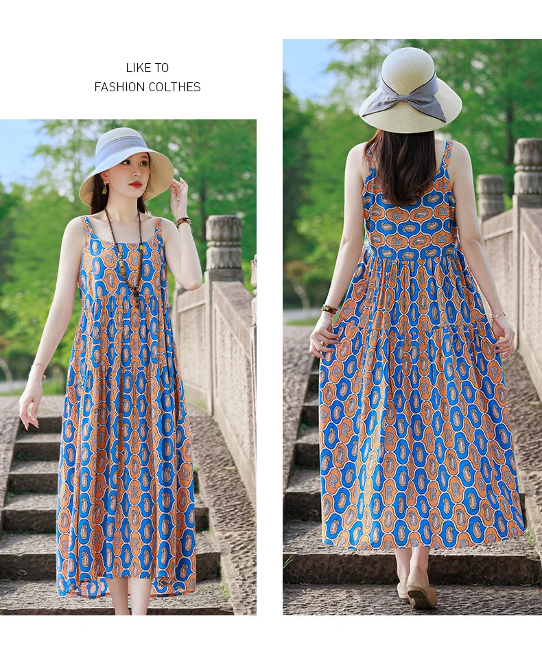 New Fashion Casual 2025 Summer Elegant Dresses For Women O-Neck Print Vintage Sleeveless Dress Loose Women Clothing