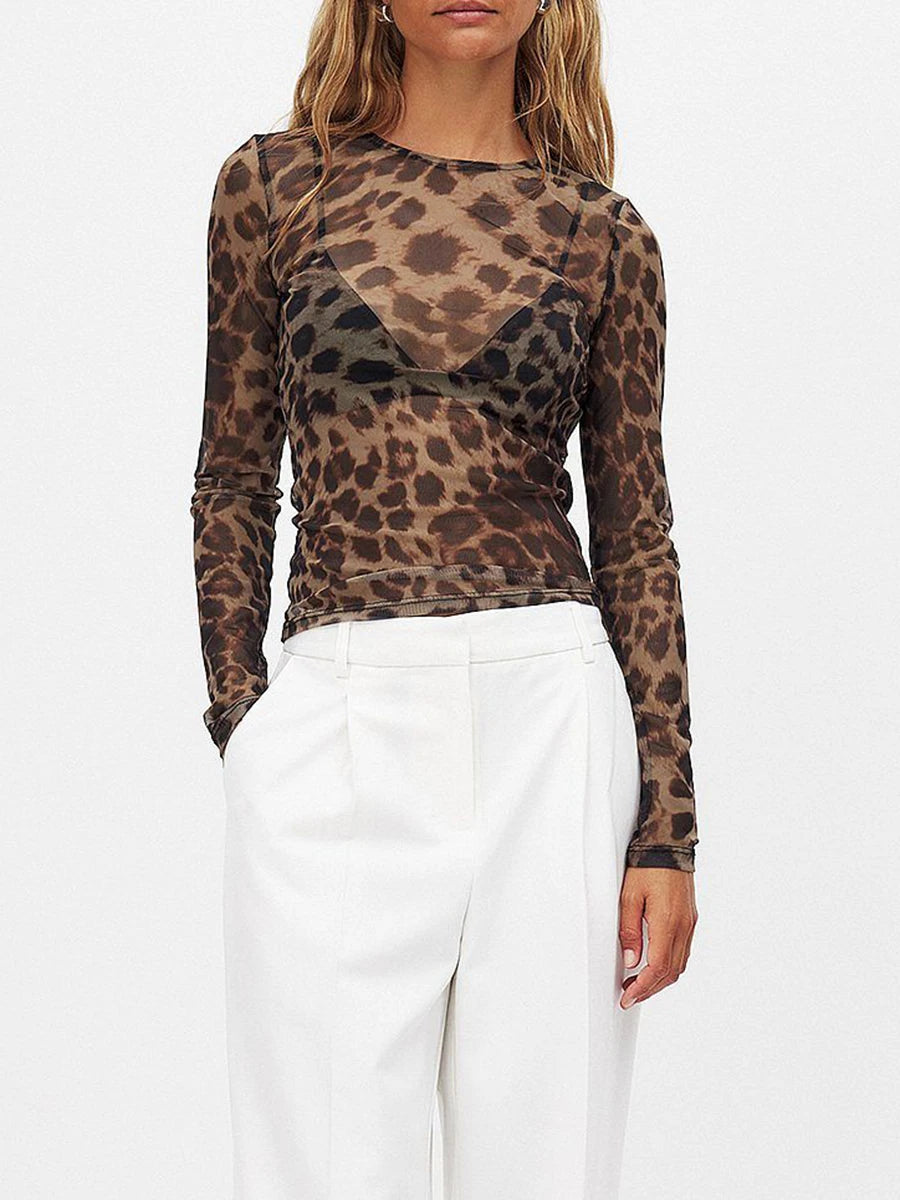 hirigin Women Sheer Leopard Print Tops Slim Fitted Long Sleeve See Through Mesh Shirts Going Out Y2K Vintage Streetwear