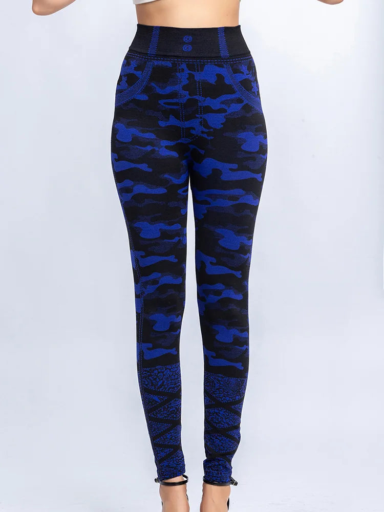 CUHAKCI Camouflage Printed Leggings Women Seamless Denim Sports High Waist Tights Workout Fitness Elastic Pants Stretch Jeggings Blue