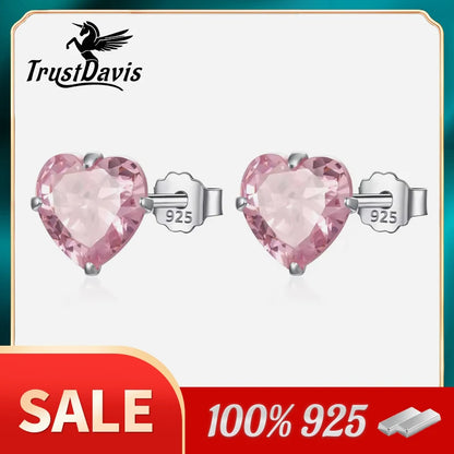 TrustDavis Real 925 Sterling Silver Earrings Cute Pink Heart Charm Shiny CZ Stud Earrings for Women Kids Teen Jewelry DS3731