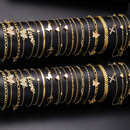 18Pcs Bohemian Summer Beach Anklet Set For Women Vintage Butterfly Heart Crystal Pendant Foot Bracelets Fashion Jewelry Gift New Badiee Stylez