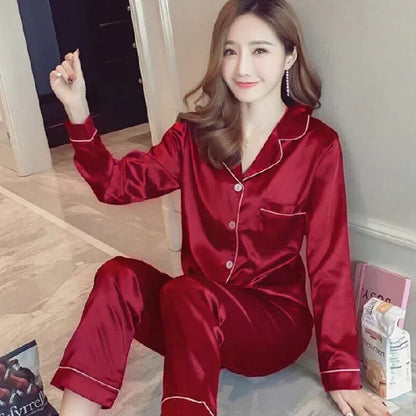 Spring Autumn Silk Pajamas Set for Women Casual Soft Nightwear Long Shirt Tops and Long Pants Cardigan Sleepwear Homewear Red 1