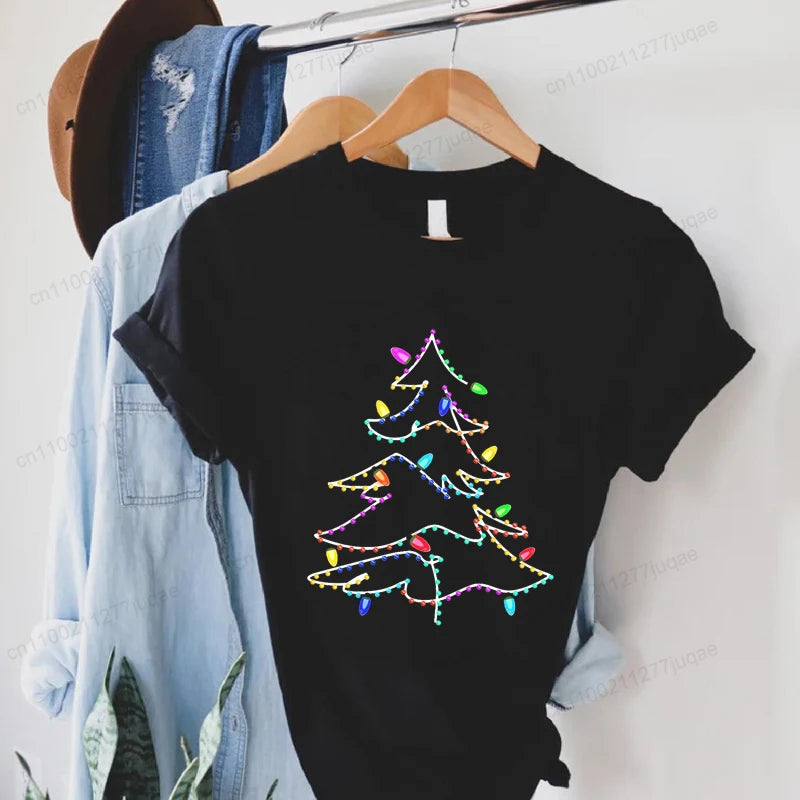 Women's Casual T-Shirts Christmas Lights Xmas Tree Print T-Shirt Christmas Party Design Tops Short Sleeve Ladies T Shirts Tops