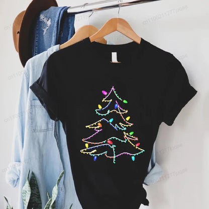 Women's Casual T-Shirts Christmas Lights Xmas Tree Print T-Shirt Christmas Party Design Tops Short Sleeve Ladies T Shirts Tops