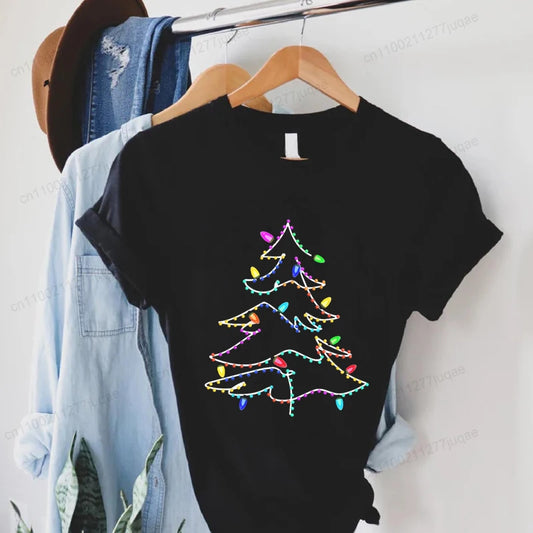 Women's Casual T-Shirts Christmas Lights Xmas Tree Print T-Shirt Christmas Party Design Tops Short Sleeve Ladies T Shirts Tops