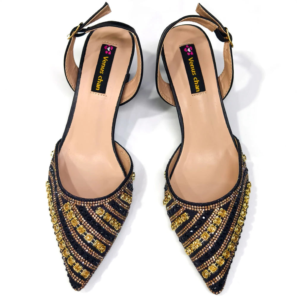 2025 Luxurious Italian Women's Party Shoes & Bag Set – Elegant Golden Rhinestone Spring/Summer Sandals with Pointed High Heels f