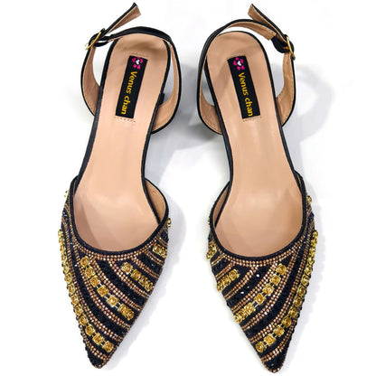 2025 Luxurious Italian Women's Party Shoes & Bag Set – Elegant Golden Rhinestone Spring/Summer Sandals with Pointed High Heels f
