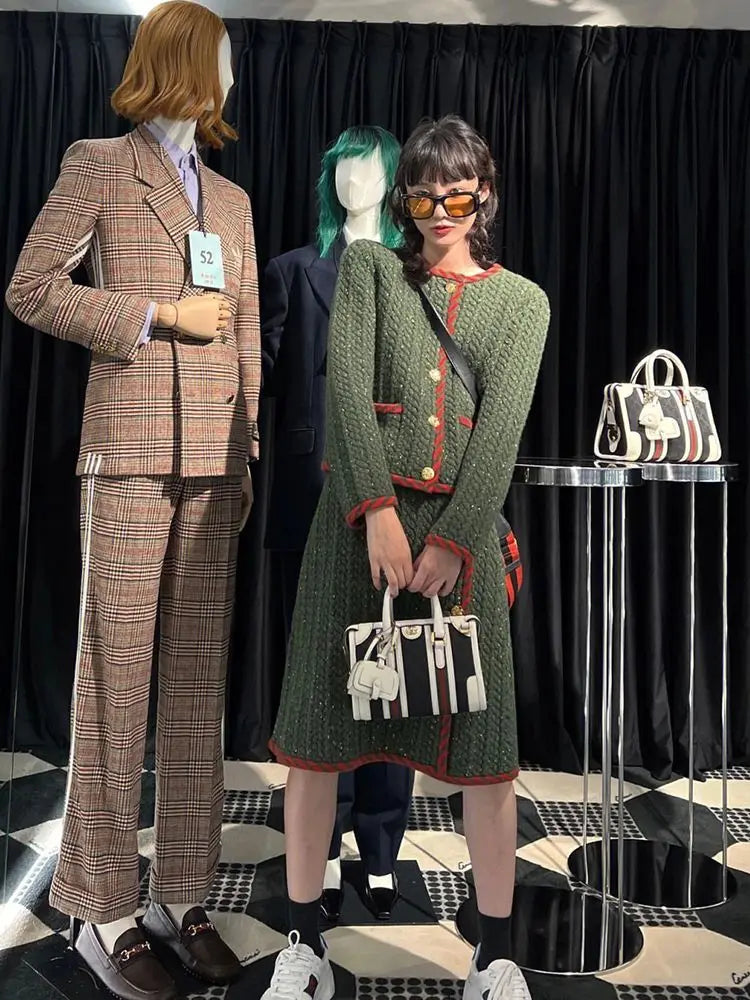 Autumn Winter Womens Two Peice Sets Vintage Knitted Cardigan Full  Elastic Waist  Knee-Length Skirt 2 Piece Set Luxury