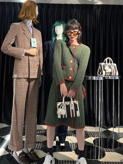 Autumn Winter Womens Two Peice Sets Vintage Knitted Cardigan Full  Elastic Waist  Knee-Length Skirt 2 Piece Set Luxury