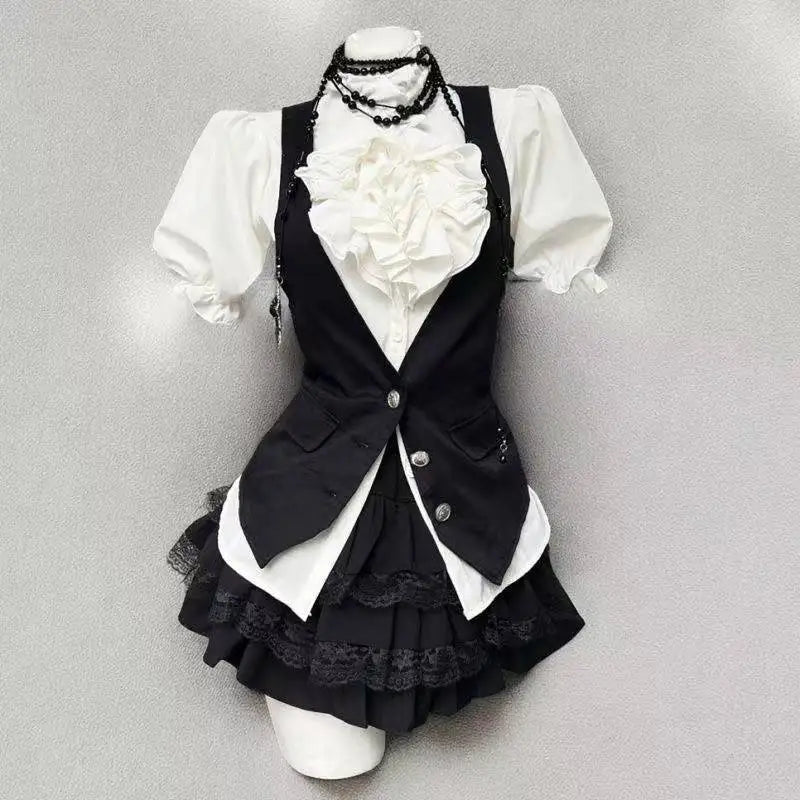 Y2k Aesthetic Lolita Style Bow Dress Shorts Set Japanese Women Gothic Lace Flare Sleeve Button Shirt Dress Punk Party Mini Dress