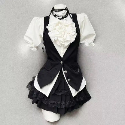 Y2k Aesthetic Lolita Style Bow Dress Shorts Set Japanese Women Gothic Lace Flare Sleeve Button Shirt Dress Punk Party Mini Dress