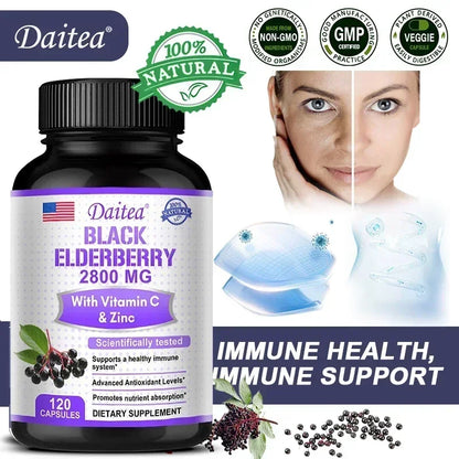 Black Elderberry 2800 Mg - with Vitamin C and Zinc, Immune System Support, Antioxidant Supplement, Skin Health Benefits