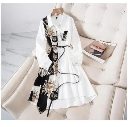 Print Vintage A-Line With Belt Loose Polo Neck Women's Dress Single-Breasted Knee Length Dresses For Women Clothing 2024 Fashion