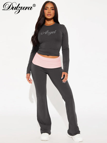Dulzura Women’S Sexy Casual 2 Piece Pants Set Long Sleeve Letter Print Bodycon Crop Top And Flare Pants Matching Set Streetwear