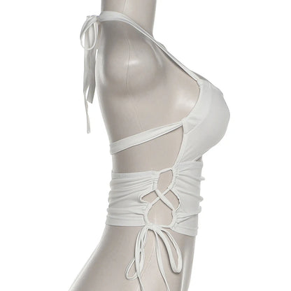 Y2K Sexy Backless Summer Crop Top Women Hollow Out White Sleeveless Bandage Halter Tank Tops Streetwear Cami 90s