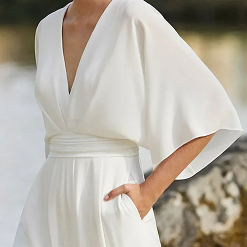 Jump Suits for Women V-neck Five-point Sleeve Wide-leg Pants Solid Color White Jumpsuits for Women Elegance Pants One Pieces new Badiee Stylez