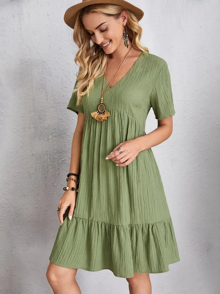 Women Elegant Short Sleeve V Neck Ruffles Dress Summer Casual Solid Loose Mini Dress Chic Bohemian Sundress Beach Party Vestidos Badiee Stylez