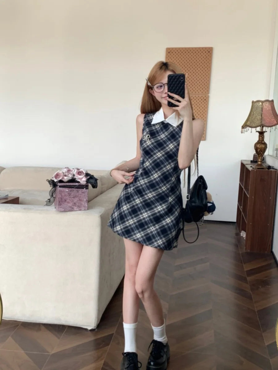 Onalippa Vintage Plaid Mini Dress Women Waist Belt Polo Collar Sleeveless A Line Dresses High Street Contrast Vestidos