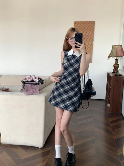 Onalippa Vintage Plaid Mini Dress Women Waist Belt Polo Collar Sleeveless A Line Dresses High Street Contrast Vestidos