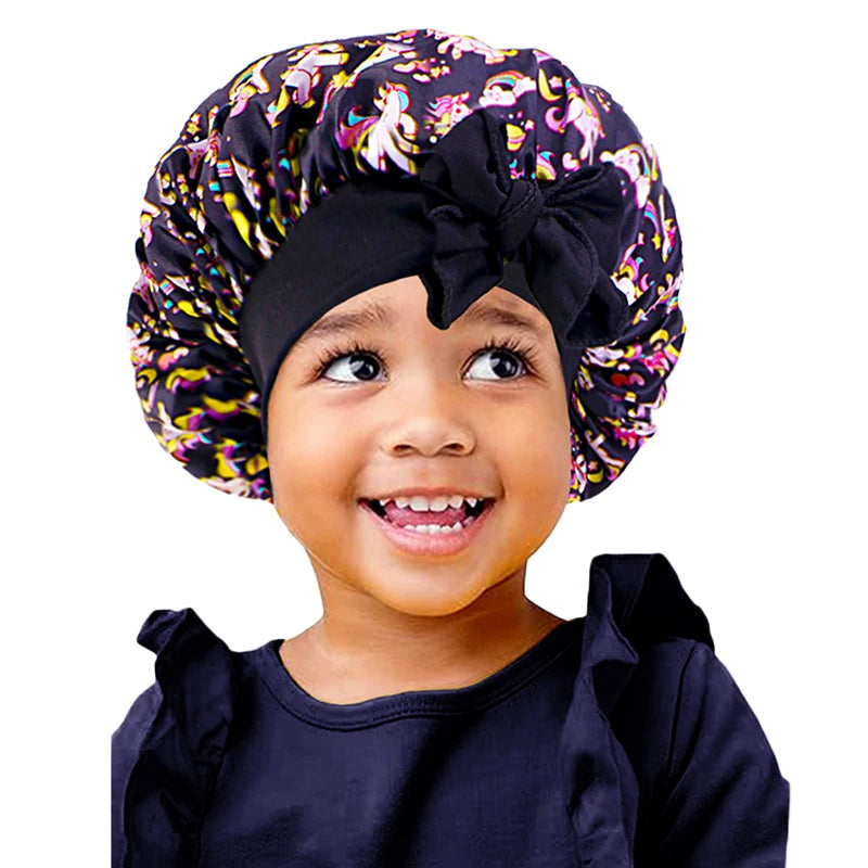 New Kids Unicorn Satin Bonnet Wide Elastic Band Ribbon Sleeping Cap Curly Natural Hair Child Night Caps Shower Cap Headscarf Badiee Stylez