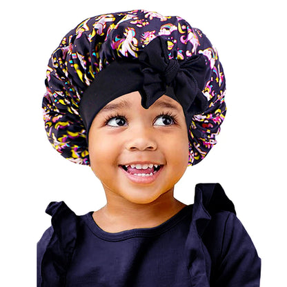 New Kids Unicorn Satin Bonnet Wide Elastic Band Ribbon Sleeping Cap Curly Natural Hair Child Night Caps Shower Cap Headscarf Badiee Stylez
