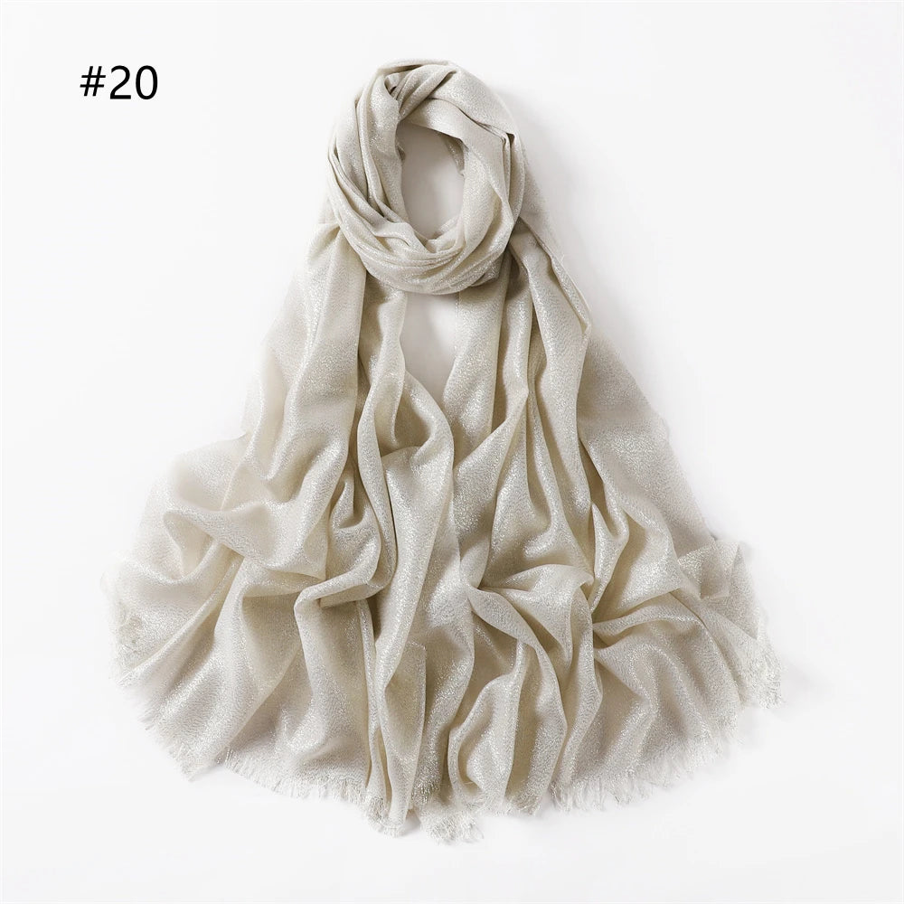 Lastest Brand Design Scarf Shiny Solid Color Shawls Rayon Fabric Gold Silk Silver Wire Head Shawl Fringe Hijab For Women