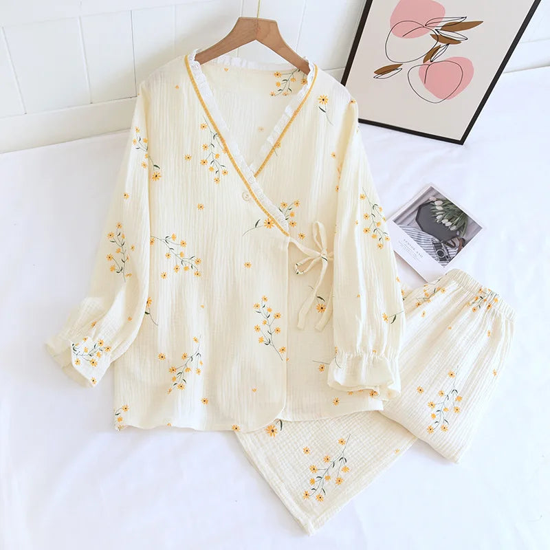 Fdfklak 2025 Spring Crepe Kimono Long Sleeve Home Clothes Female Sleepwear Gauze Cotton V-Neck Home Suit Women's Pajama