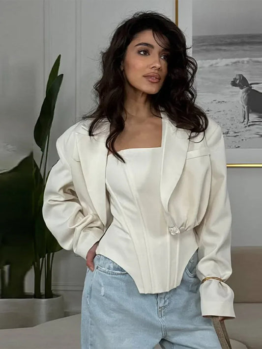 Two Piece Set Fishbone Strapless Vest Top Suit Short Jacket Solid Color Slim Fit Fashion Women Tank Blouse Waist Cinched Coat