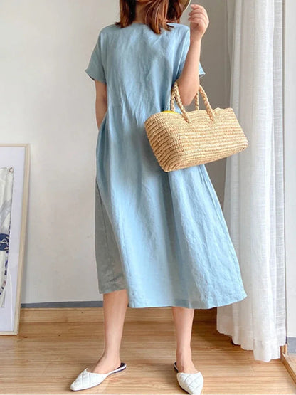 New in Spring Summer Women's Dress Elegant Casual Loose Short Sleeve Tops A-LINE Oversize Solid Midi Dresses for Women Clothing Badiee Stylez