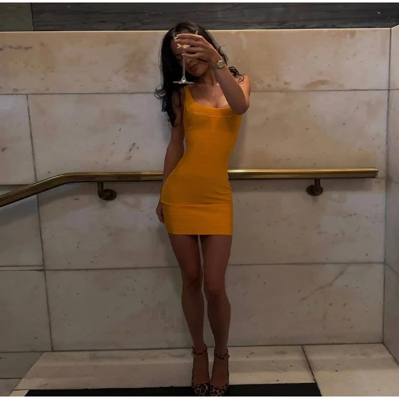 Pink Pleated Knitted Bandage Dress Women Sexy U Neck Sleveeless Slim Vestidos 2025 Summer Party Birthday Lady Mini Dresses Chic