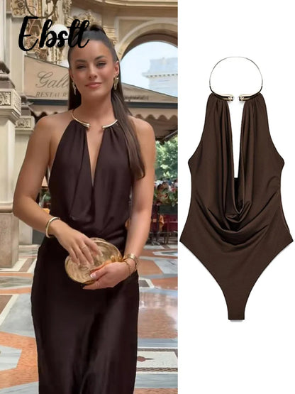 Sexy Metal Halter Deep V-neck Jumpsuits Women High Street Backless Sleeveless Short Bodysuit 2025 Summer New Lady Slim Clubwear