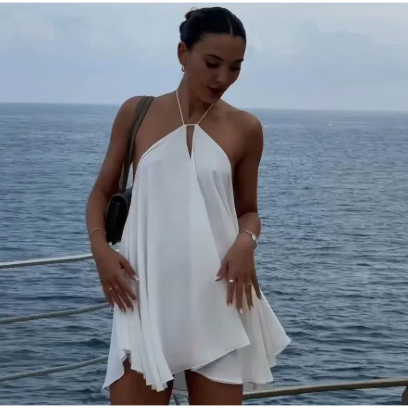Women Sexy Halter Layered Ruffles Mini Dress Fashion Off Shoulder Backless A Line Vestidos Spring Summer Chic Lady Short Dresses