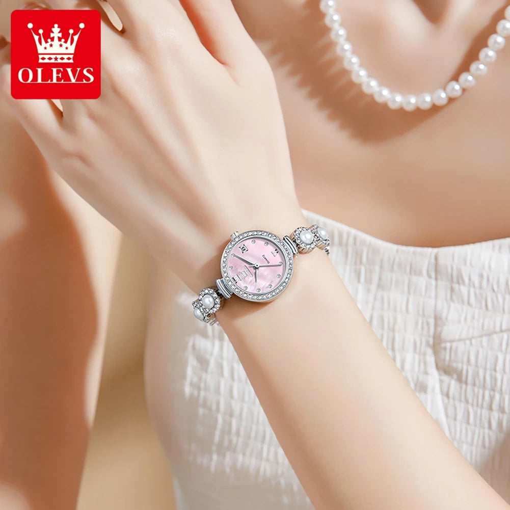OLEVS 5635 Fully Diamond Pearl Hand Chain Watch Fashion Elegant Waterproof Women's Watches Original Quartz Wrist Watch for Women