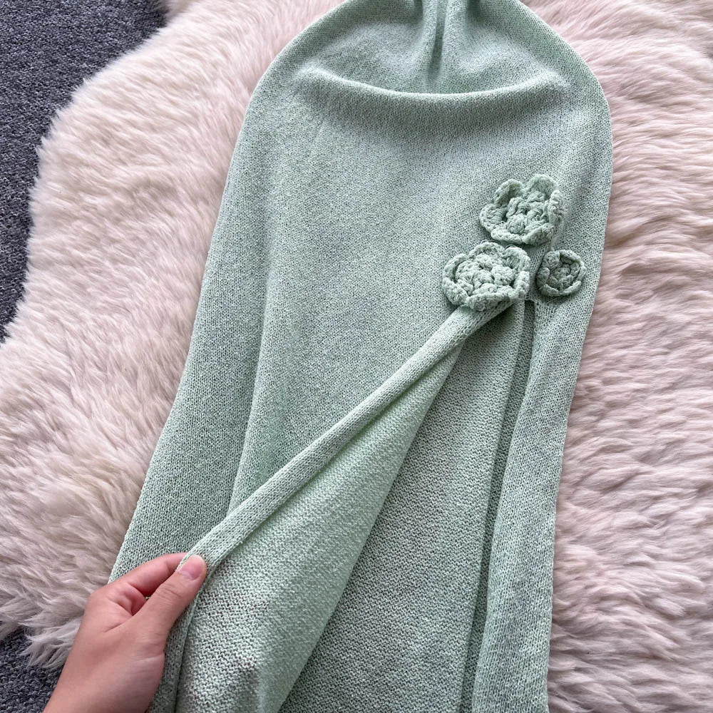 SINGREINY Halter 3D Floral Maxi Sundress Women Sleeveless Bodycon Elastic Beach Dress Vacation Knitted Split Sexy Long Dress