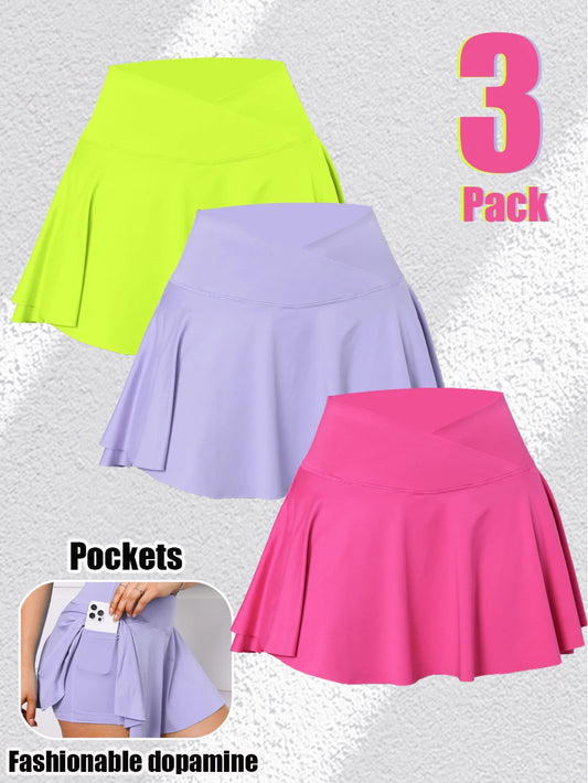 3Pack Dopamine Pockets Tennis Skirts for Women Fitness Skinny Pleated Skirt Outdoors Corset Pockets Shorts High V Waist GreenPurpleRed3PCS
