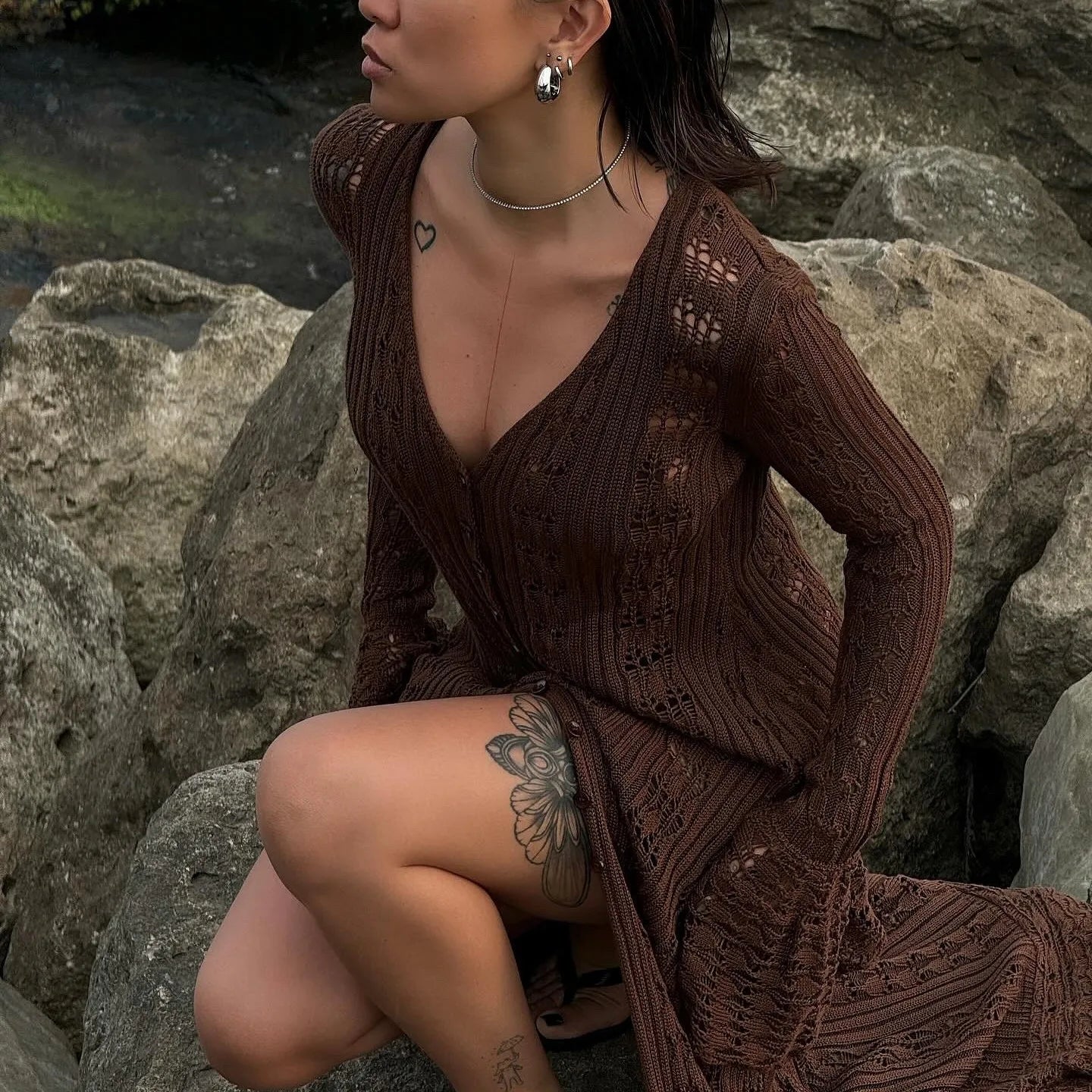 hirigin Button Front Long Sleeve Sheer Open-knit Long Cover-up Jacket Women Autumn Beach Vacation Outfit Maxi Cardigan