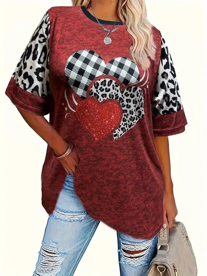 Plus Size Plaid Heart Print T-Shirt Casual Short Sleeve Top For Spring & Summer Women's Plus Size Clothing AF633 1