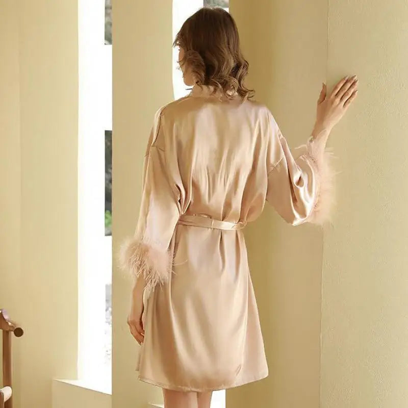 Kimono Bride Bridesmaid Robe Loungewear Wedding Bathrobe Gown Feather Women Embroidery Letter Sleepwear Short Satin Nightgown Champagne Solid