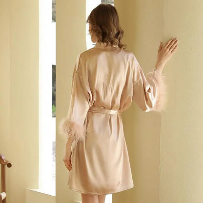 Kimono Bride Bridesmaid Robe Loungewear Wedding Bathrobe Gown Feather Women Embroidery Letter Sleepwear Short Satin Nightgown Champagne Solid