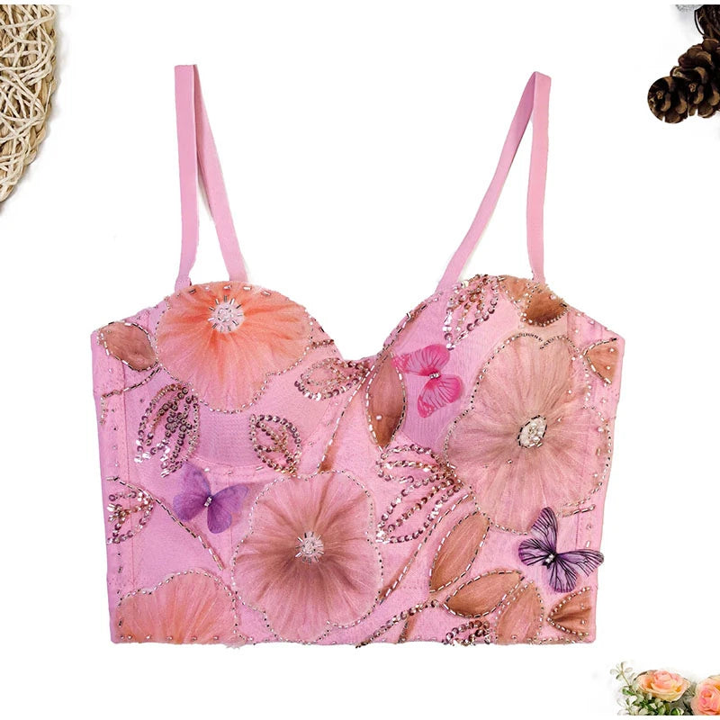 Flower Embroidery Bead Fish Bone Suspender Women Bra Sexy Exposed Waist Metal Buckle Top Party Vacation Female Tops 2025 Summer