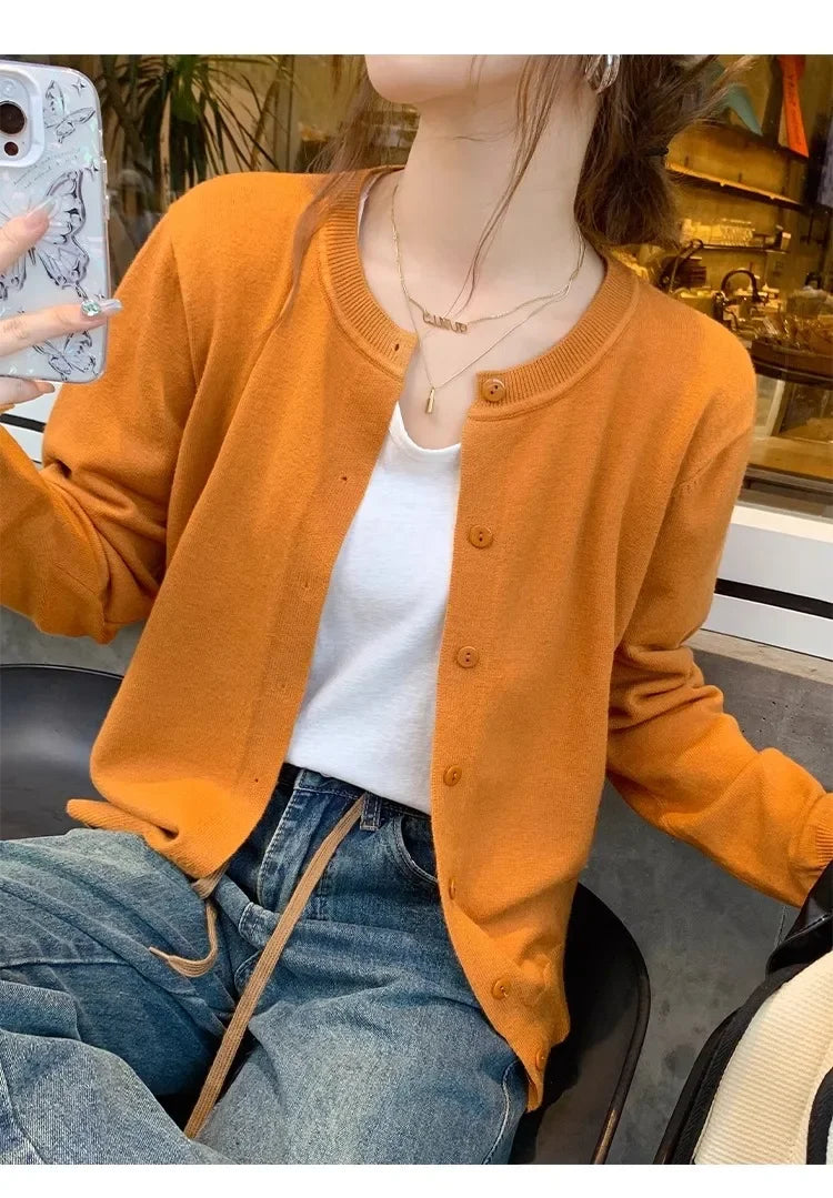 New 2025 Spring Summer Knit Cardigan O-Neck Solid Color Fashion High-Grade Comfortable Slim Casual Knitwear Tops