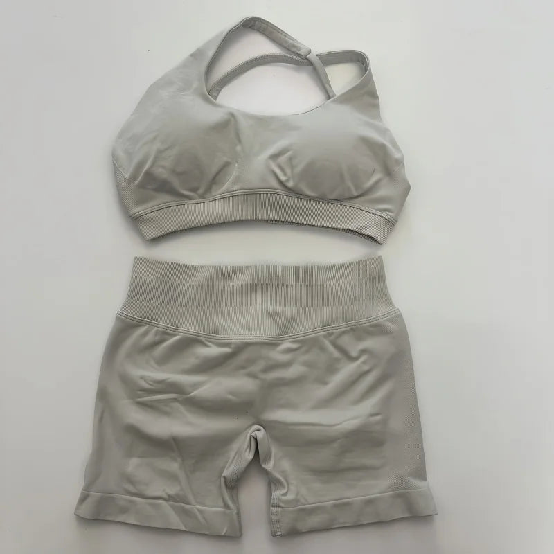 No Logo Yoga Asymmetric Gym Set Women Seamless Yoga Set Workout Shorts Sets Halter Sports Bra Scrunch Bum Shorts Fitness Clothes Badiee Stylez