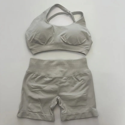 No Logo Yoga Asymmetric Gym Set Women Seamless Yoga Set Workout Shorts Sets Halter Sports Bra Scrunch Bum Shorts Fitness Clothes Badiee Stylez