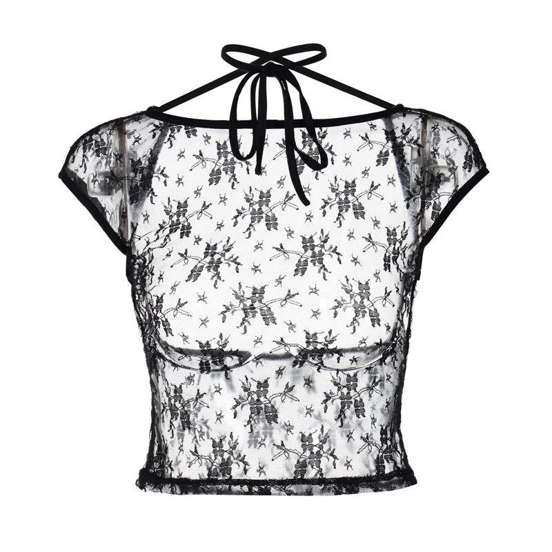 Hugcitar Mesh Short Sleeves Backless Black Lace Up See Through Sexy Crop Top T-Shirt 2024 Spring Women Y2K Streetwear Nightclub