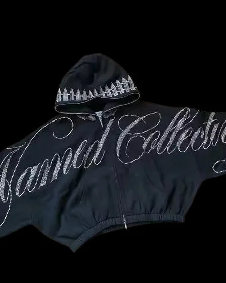 Retro Letters Rhinestone Sequins Short Hoodie Sweatpants Two Piece Set Y2K Suit Womens Letters Oversized Sweatshirt Casual Pants