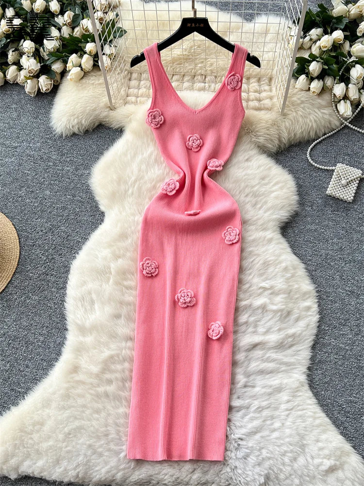 SINGREINY Knitted 3D Flower Chic Dress Sleeveless Slim Solid Elastic Sundress Women Summer Casual Fashion Bodycon Long Dresses pink One Size