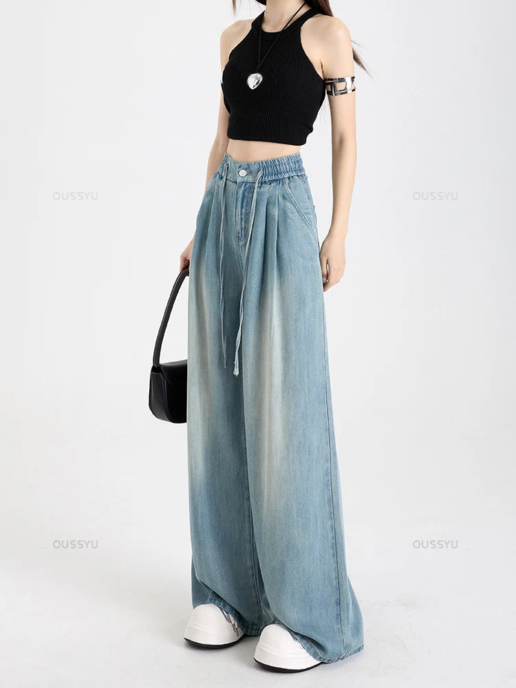 Summer Luxury Soft Cozy 100%Lyocell Fabric Woman Jeans Loose Wide Leg Elastic Waist Pants Fashion Casual Trousers Plus Length