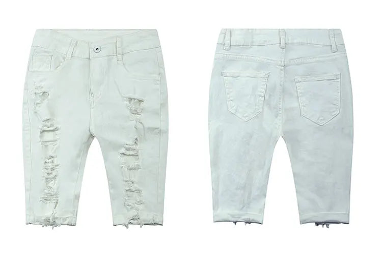 Summer New Fashion Women's American Washed Blue Solid Color High Waist Hole Patched Denim Shorts Skinny Jeans Shorts Female