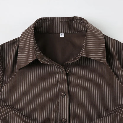 New Women Striped Shirt Casual Turn Down Collar Flare Sleeve Slim Fit Button Up Blouse Minimalist Aesthetic