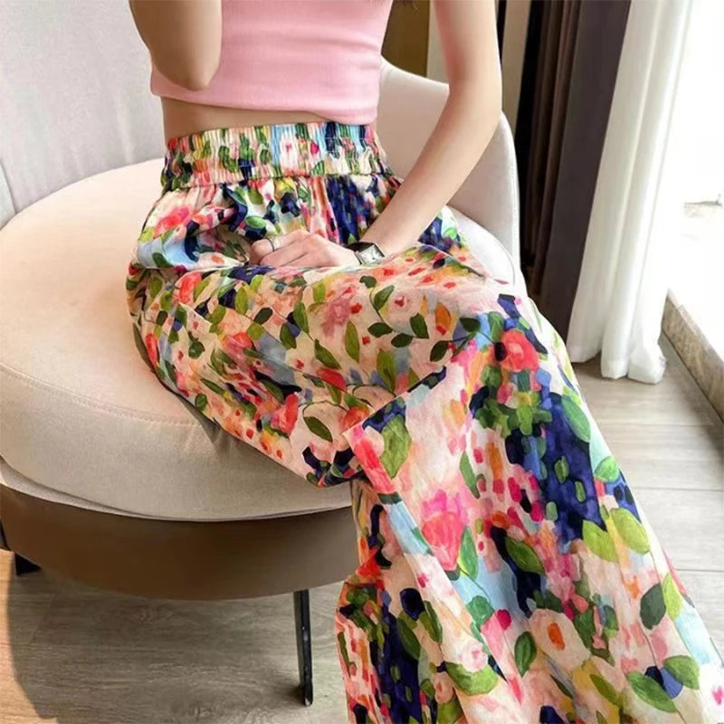 2024 Summer New Beach Pants Loose Wide-Leg Pant for Women Seaside Leisure INS High Waist Cropped Pant Straight Floral Trousers Pink